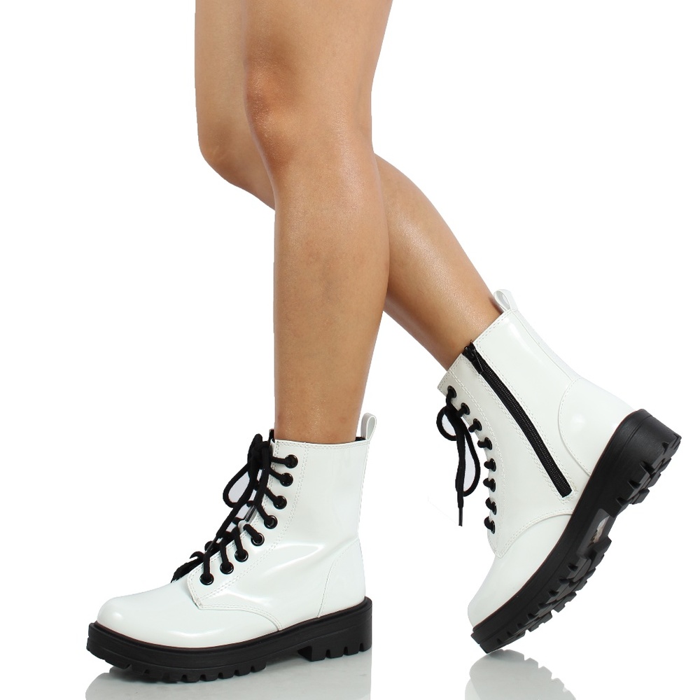 White Faux Patent Leather Combat Lace Up Ankle Boo - Picture 4 of 4